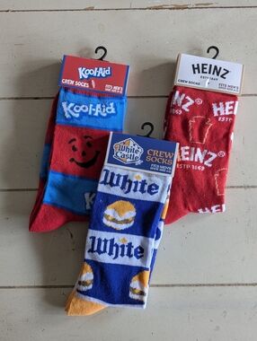 🧦LOT OF 3 MENS NOVELTY CREW SOCKS: Kool Aid, White Castle, Heinz Ketchup
